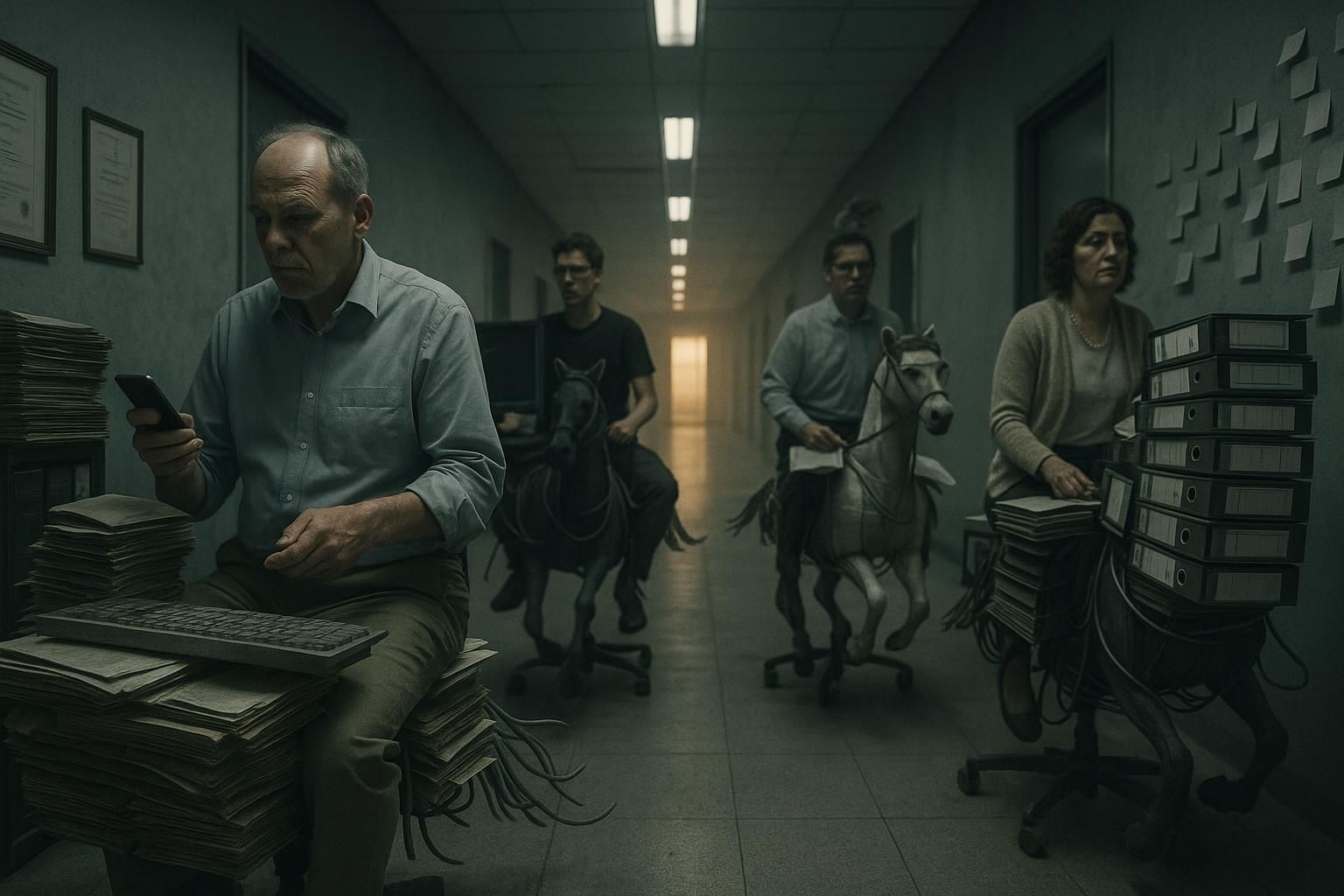 Die vier apokalyptischen Reiter der KI-Verweigerung im deutschen Großraumbüro: SAP-Veteran, Startup-Typ, Controller, Buchhalterin.