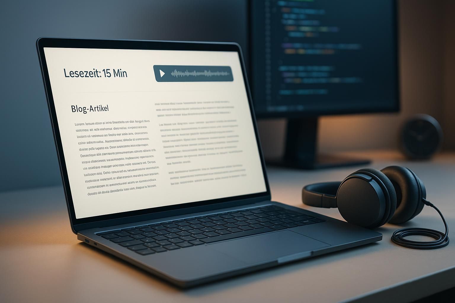 Laptop mit Blogartikel; neben der Lesezeit ein schlanker Audio-Player, Kopfhörer daneben – Text-zu-Sprache mit ElevenLabs