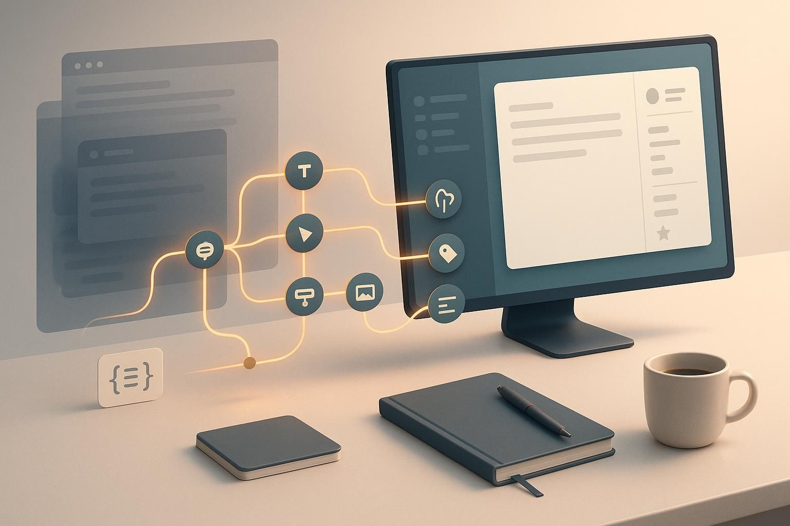 Minimalistische Illustration: Blog-Editor mit verbundenen KI-Agenten und JSON-Dateien; Brain-Icon startet den Workflow