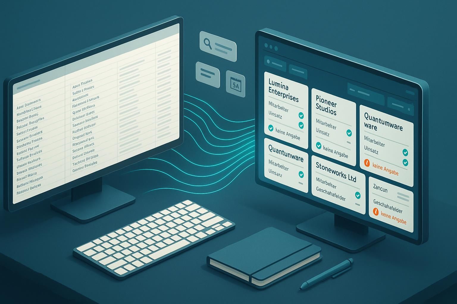 Bildschirm mit Excel-Firmenliste; KI-Tool recherchiert parallel via OpenAI‑API Mitarbeiterzahlen, Umsatz und Geschäftsfelder.