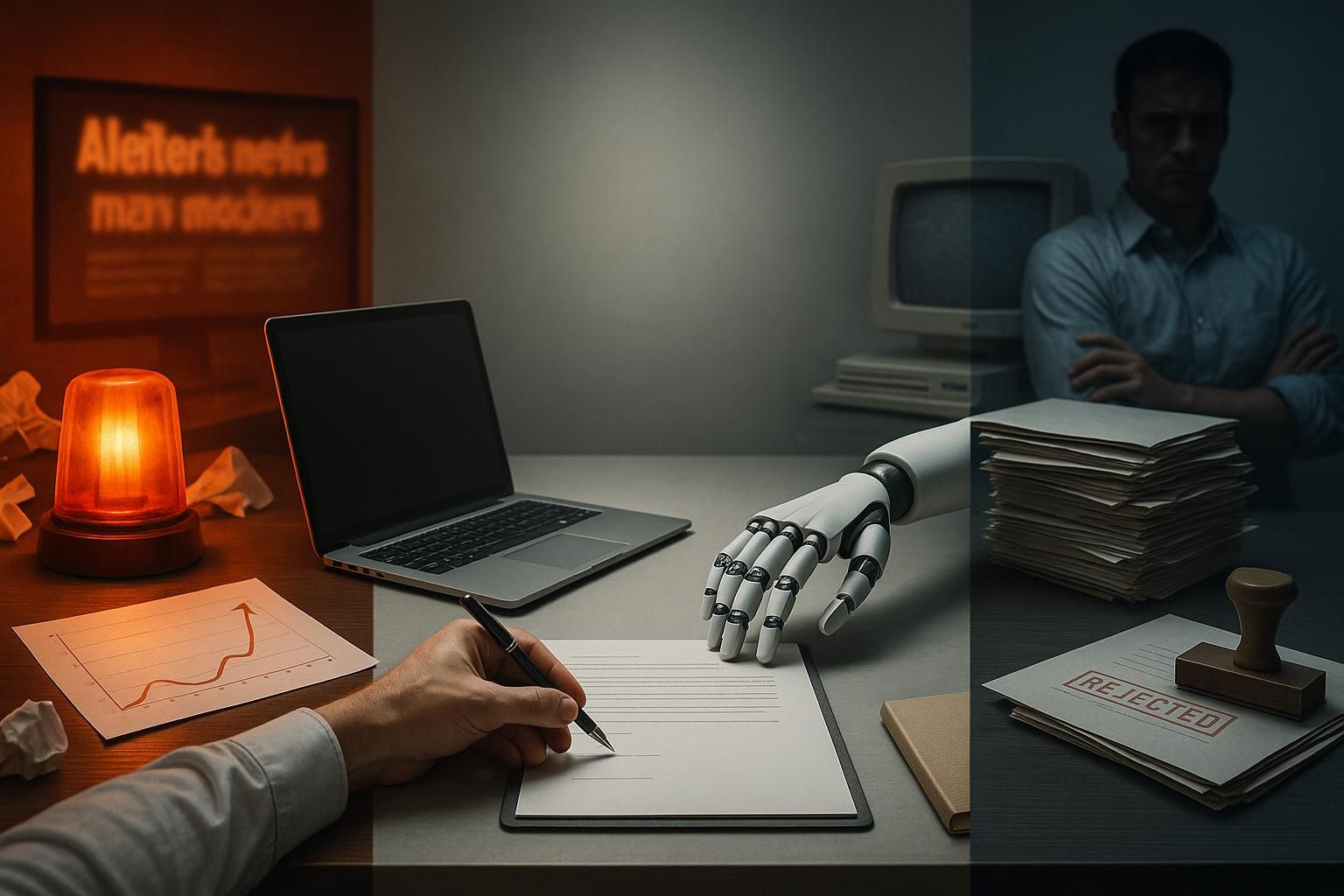 Geteilte Szene: zwei Lager streiten über KI auf LinkedIn; grauer Mittelweg im Büro mit Laptop und ChatGPT‑Fenster.