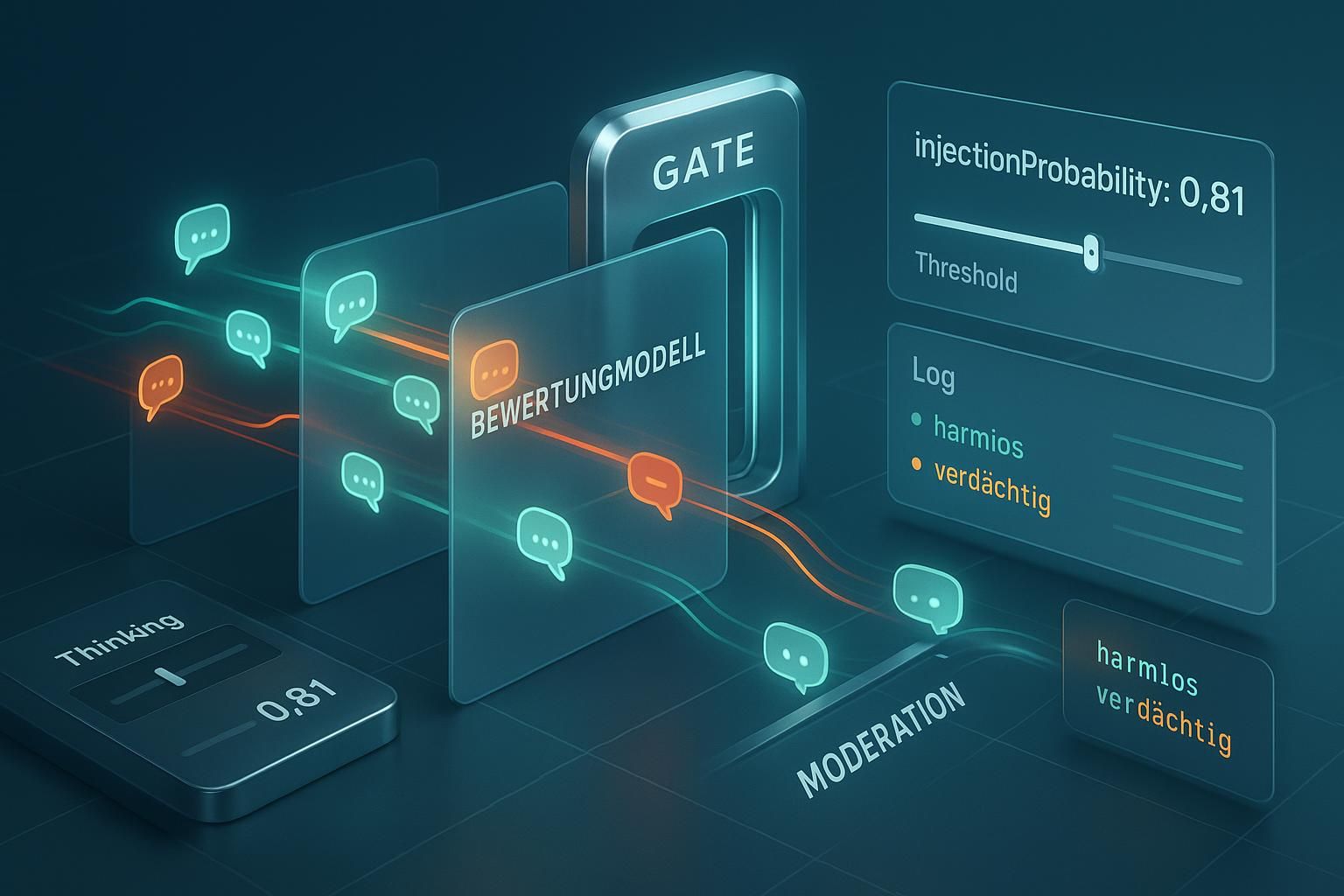 Diagramm: Drei-Säulen-Schutz gegen Prompt-Injection – Arbeitsmodell, Bewertungsmodell (0–1), Omni-Moderation