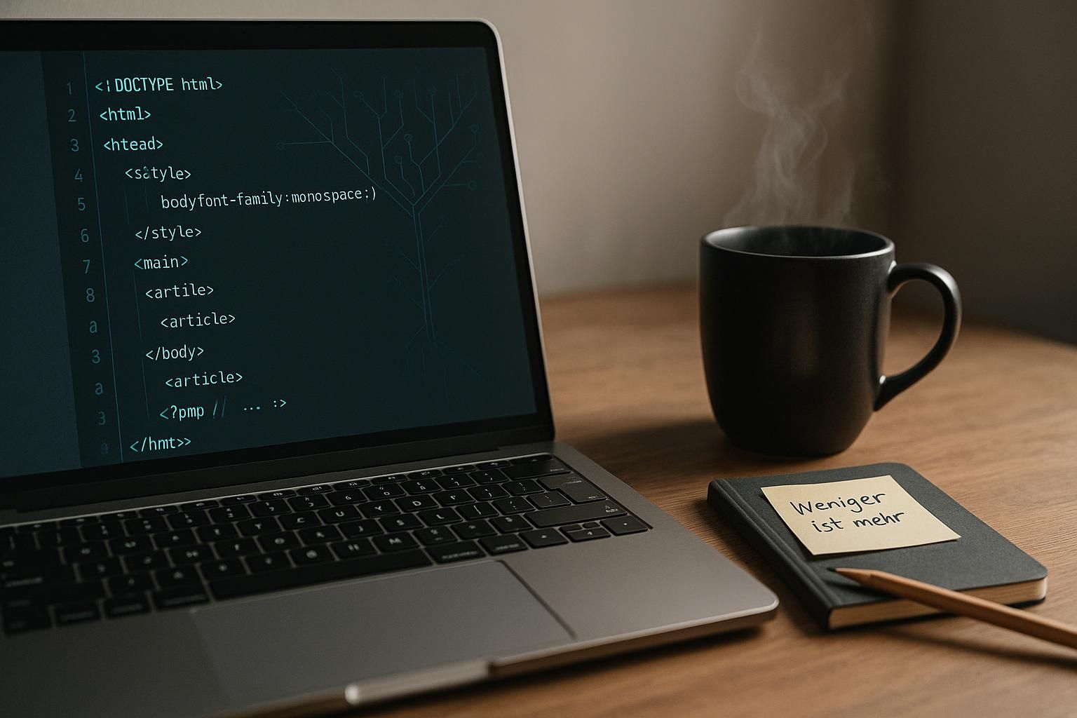 Minimalistischer Schreibtisch mit Laptop; HTML/CSS und etwas PHP auf dem Bildschirm – schlanker Blog 2025 mit KI.